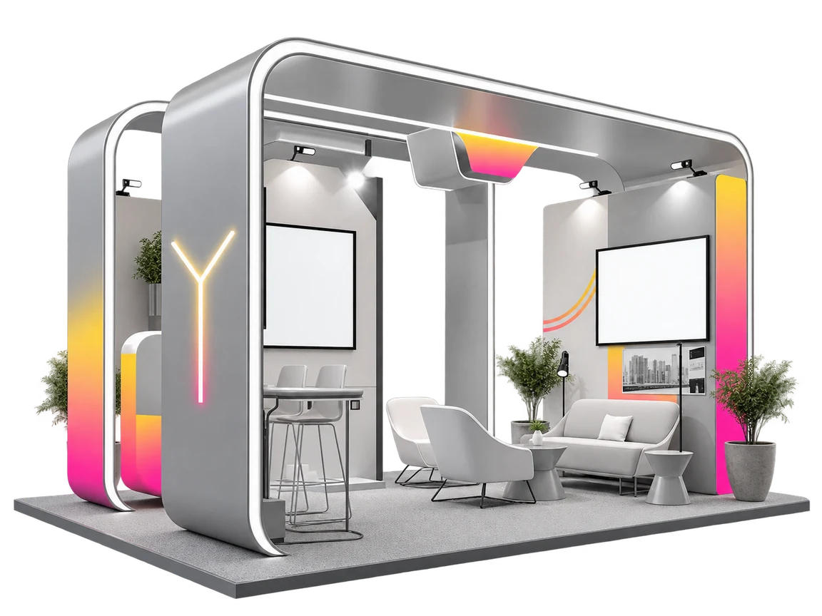Silver exhibition booth with curved frame and warm gradient lighting