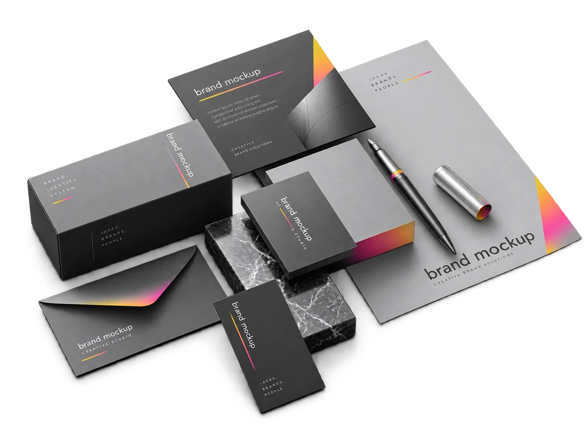 Black and gray brand identity mockup with pink and yellow accents